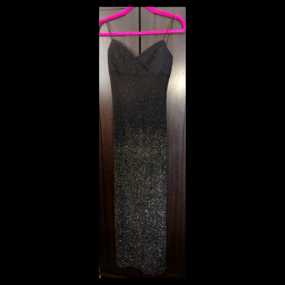 Long black Cocktail dress w/ silver glitter & slit